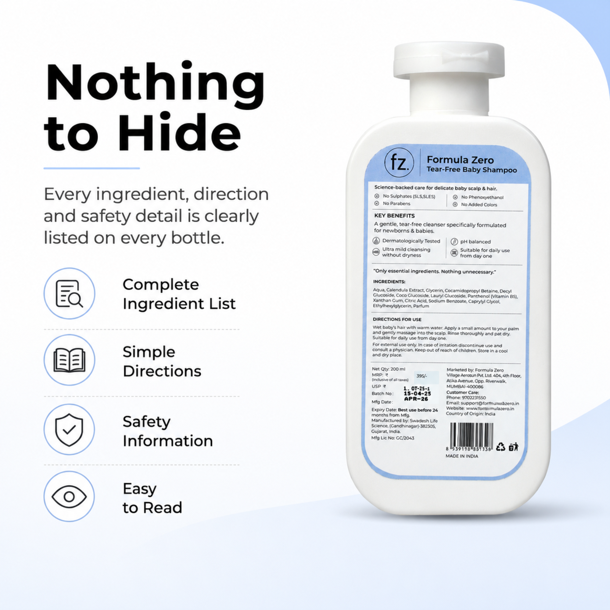 Formula Zero Baby Shampoo back label showing ingredients and directions