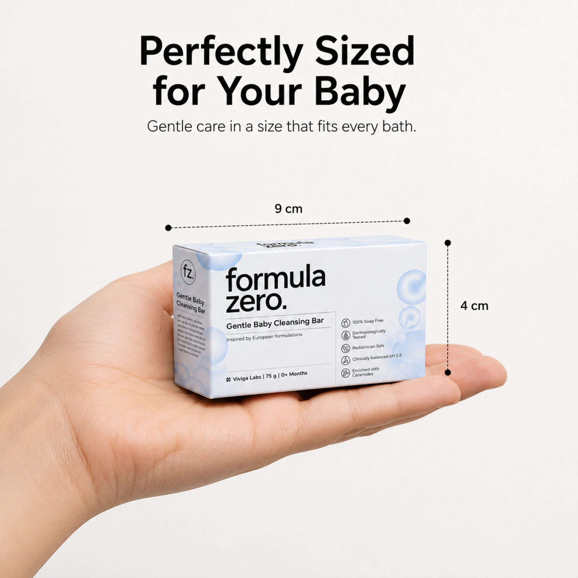 Formula Zero Baby Cleansing Bar shown with size comparison