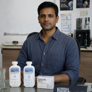 Formula Zero founder Bhavik Gandhi holding baby care products